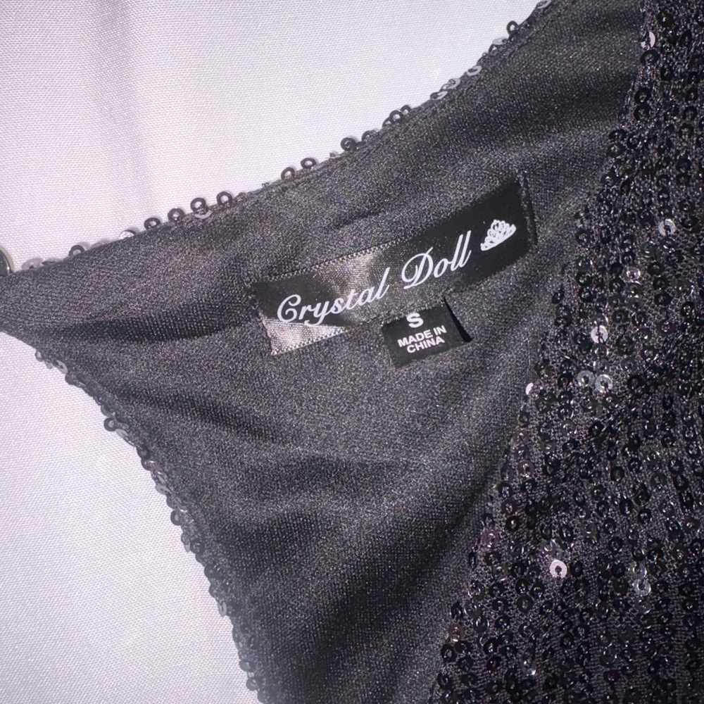 Crystal Doll Size S Black Sequin Long Puff Sleeve Bodycon Party Mini Dress - Picture 2 of 3